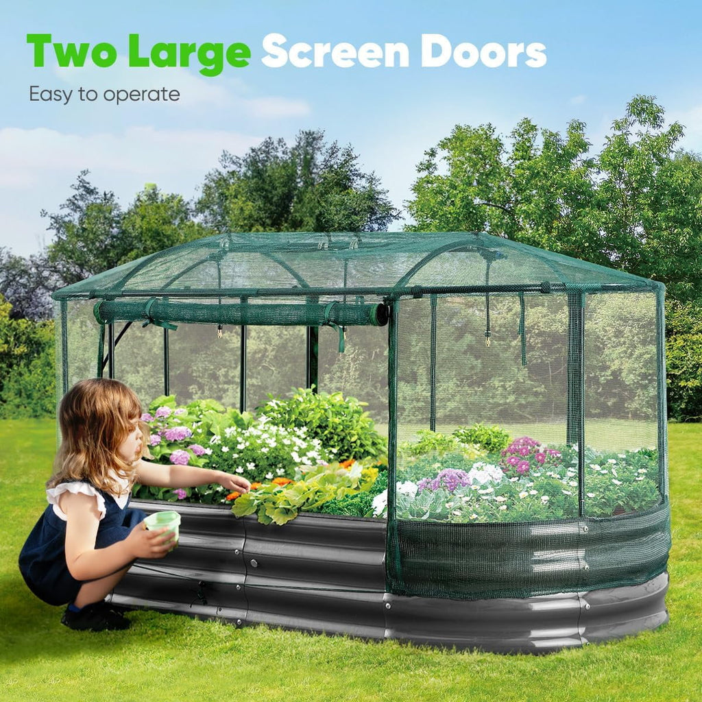 Quictent 8x3x1 ft Galvanized Raised Garden Bed Kit with Self Watering System and Mesh Cover, Large Oval Metal Outdoor Planter Garden Boxes for Vegetables Herbs Flowers