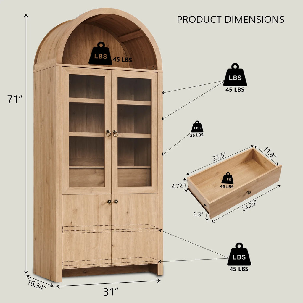 SinCiDo Arched Kitchen Pantry Storage Cabinet, 71-Inch Tall Wood Adjustable Shelves, 2 Doors, 2 Drawers