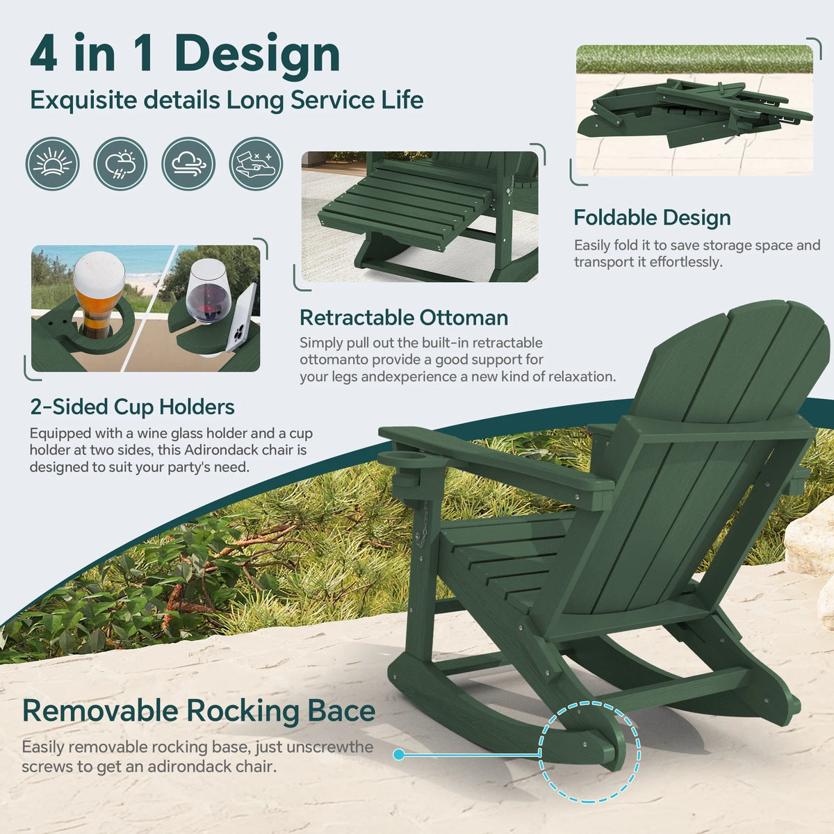 KINGYES Folding Adirondack Rocker Chair Set of 2 W/ Footrest & Dual Cup Holders, HDPE Outdoor Patio Rocking Chair, Black