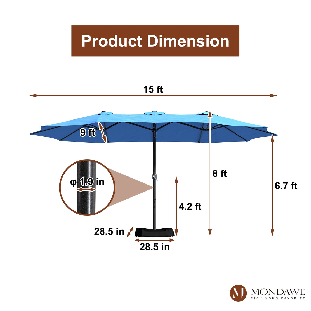 Mondawe 15ft Patio Umbrella Rectangular Outdoor Market Umbrella with Base and LED Lights Beige
