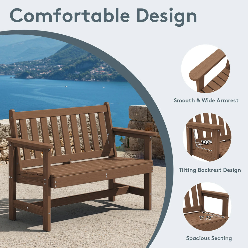 SERWALL Outdoor Bench for 2-Person, Weather-Resistant HDPE with Aluminum Reinforcement, Supports 660 lbs, Comfortable Seating for Patio, Garden, and Porch, Black