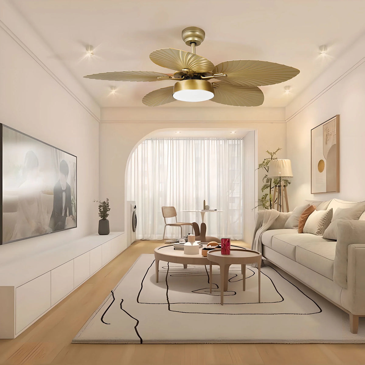 ModFusion 52" Gold Tropical Ceiling Fan with LED Light & Remote �C Palm Leaf Blades, Quiet Reversible DC Motor Indoor/Outdoor