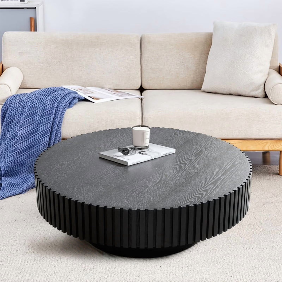 FFH 43.7 inch Oval Coffee Table for Living Room,Handcraft Rustic Corner Coffee Table Nature Wood Relief Sturdy Pedestal for Apartmen,Side Table Centre Table,Nature Wood
