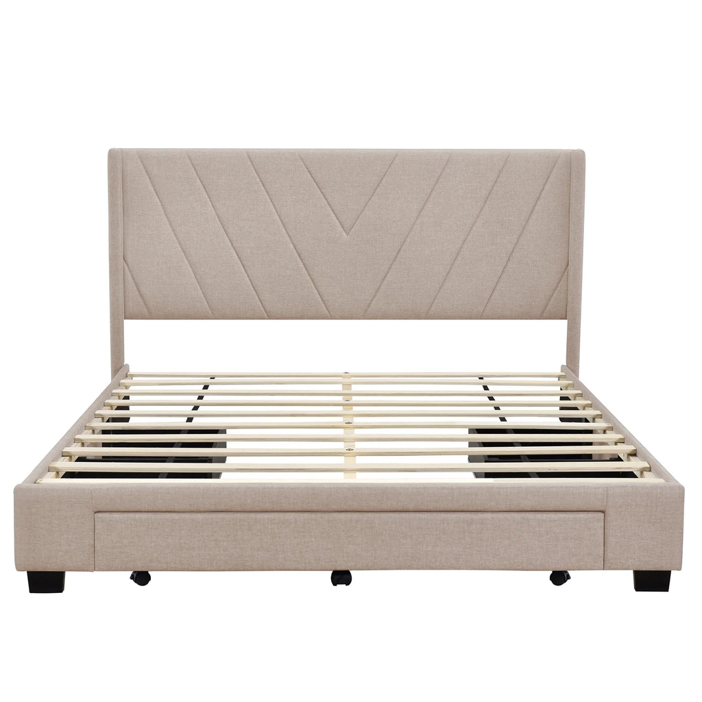 Sesslife Queen Bed Frame with Storage, New Upgraded Linen Upholstered Platform Bed with 3 Drawers, Queen Size Storage Bed with Headboard and Wooden Slats, No Box Spring Needed, Holds 500lbs, Beige