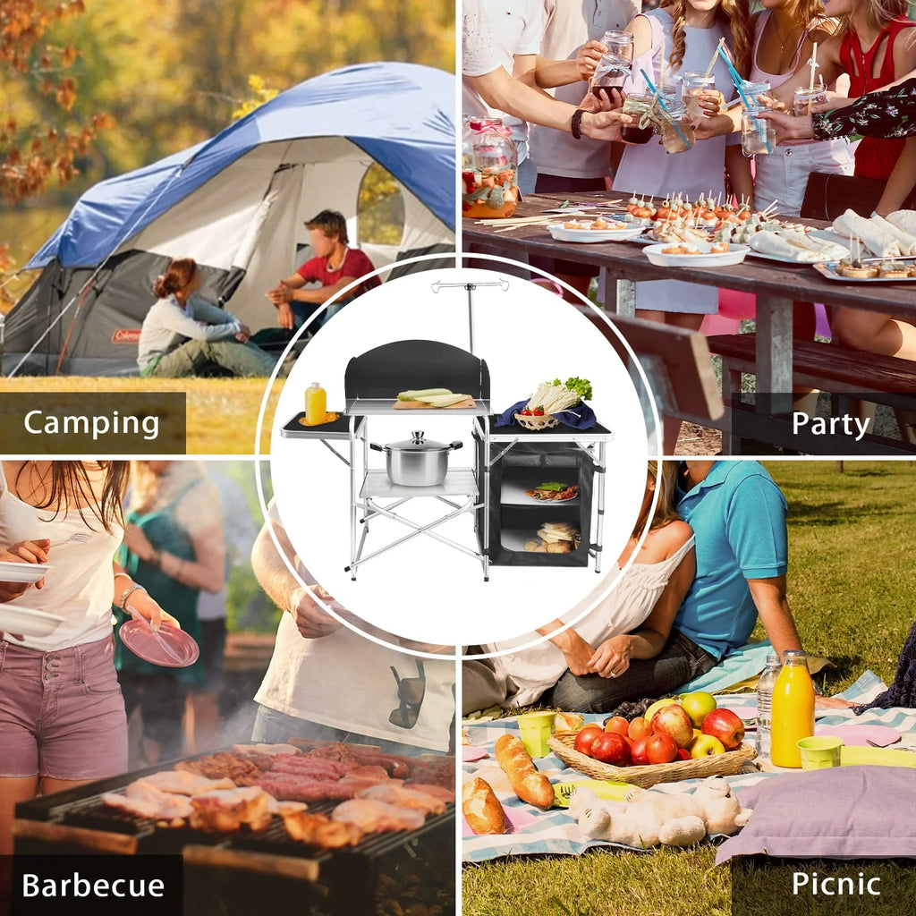 Camping Kitchen Station Aluminum Outdoor Cook Table Camping Table Black