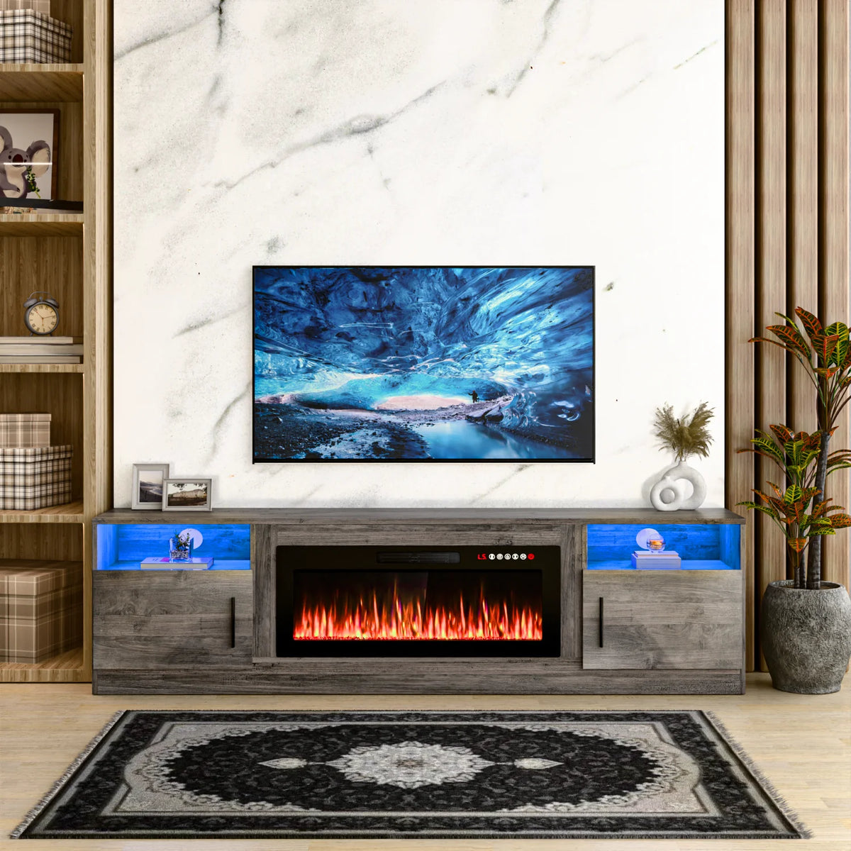 Waleaf Fireplace TV Stand with 36" Electric Fireplace Up to 80" TVs, Modern Wood Media TV Console with Highlight Cabinet, White