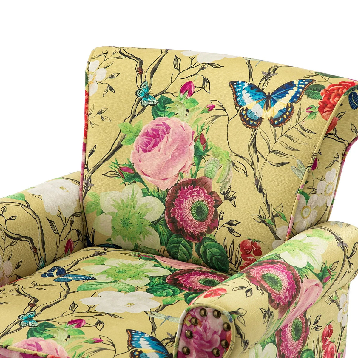 14 Karat Home Wingback Accent Chair Removable Cushion Floral Upholstered Sofa Armchair Couch Wood Legs Nailhead Trim Mustard