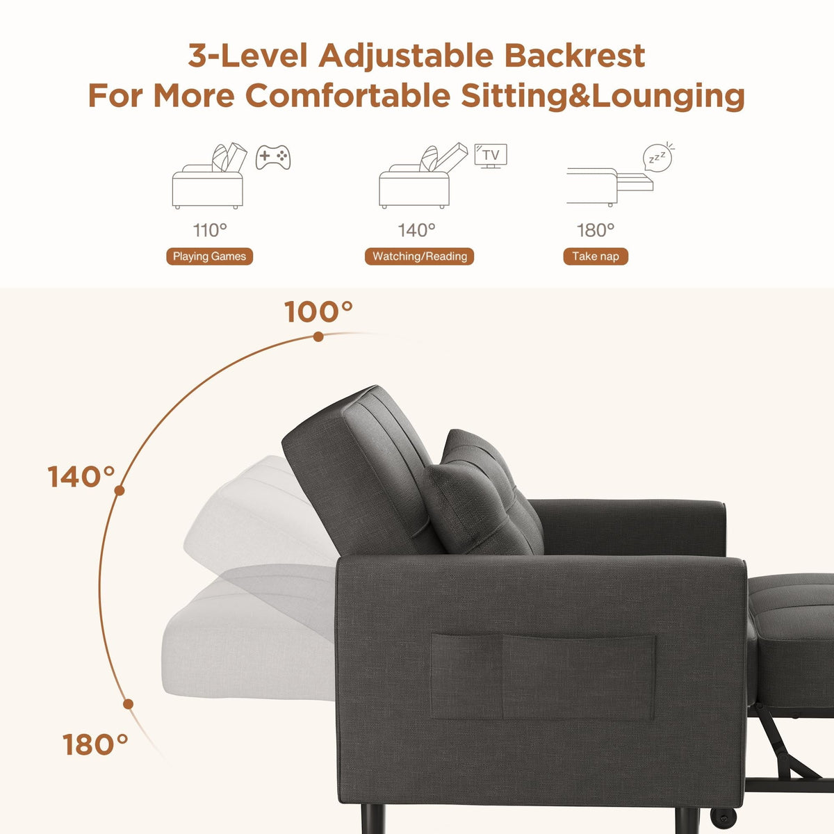 Convertible Sofa Bed, 73.6'' 3 in 1 Sleeper Chair Bed with Adjustable Backrest, Dark Gray