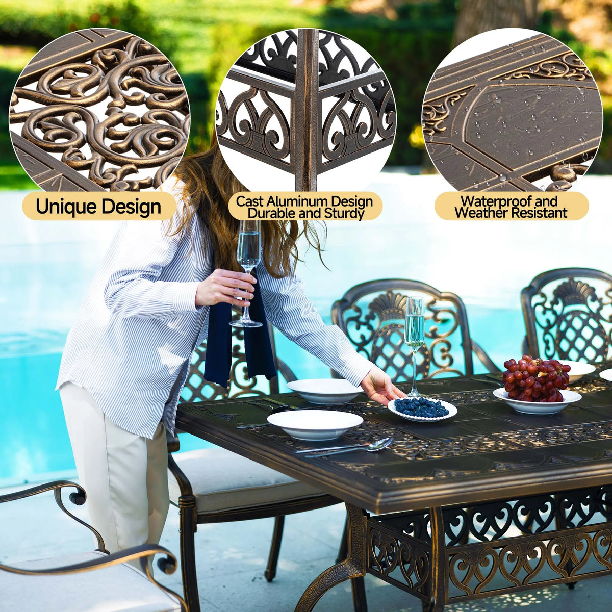 7-Piece Patio Furniture Dining Set, All-Weather Cast Aluminum Outdoor Table and Chairs for 6, Includes 4 Dining Chair & 2 Swivel Chairs & 60���� Rectangular Table, Beige