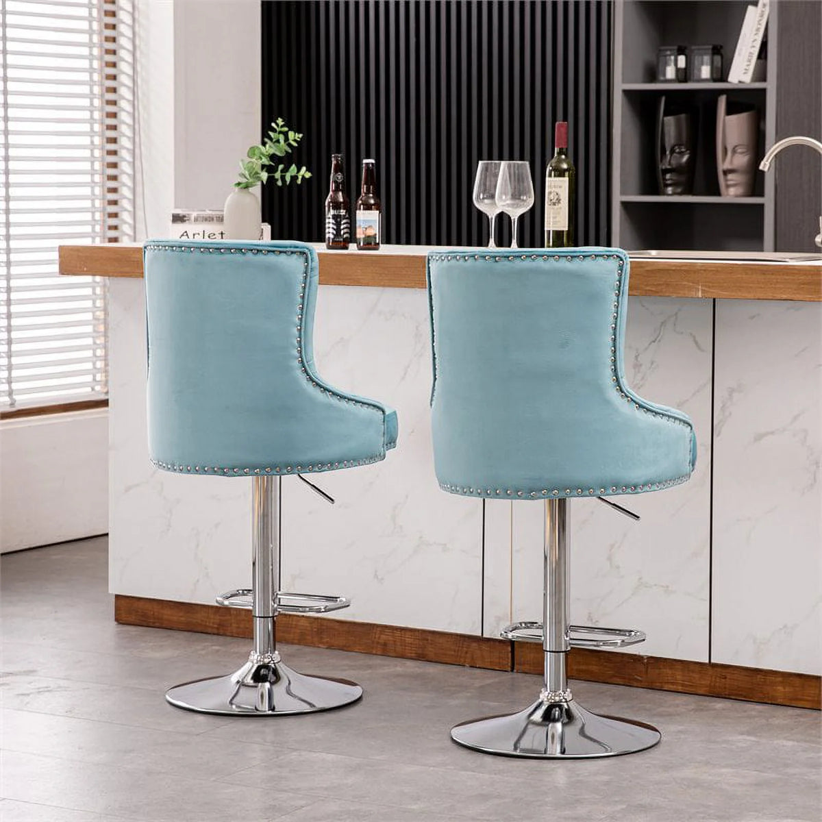 Alexent  2PCS Swivel Bar Stools, High Back, Button Tufted, Silver Footrest and Nailhead Trim Swivel Bar Chairs for Kitchen, Bar Velvet Upholstered Bar Stools, Dark Blue