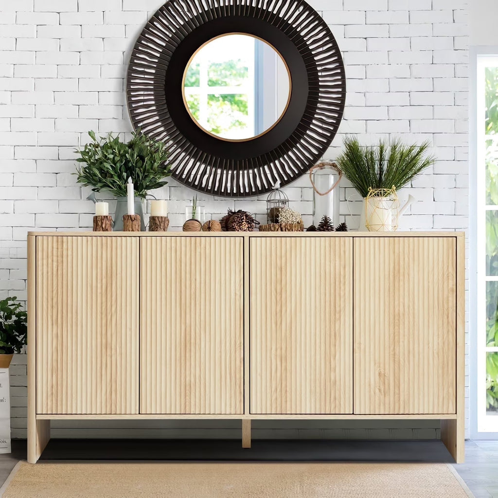 Wirrytor Sideboard Storage Cabinet with Doors and Shelves, Buffet Cabinet with Storage, Credenza Storage Cabinet for Kitchen, Wooden Fluted Cabinet, Under TV Cabinet with Storage - Black