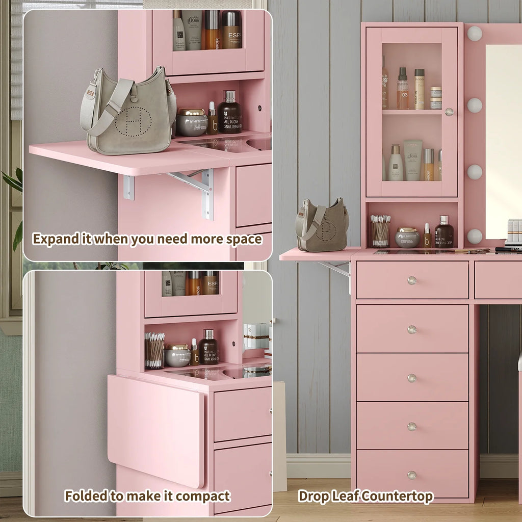 Vanity With Power Outlet, Vanity Desk With Mirror And 10 LED Lights, Makeup Vanity With 12 Drawers And 2 Cabinets, Fold-Up Panel, Glass Top Vanity Table With Chair For Bedroom