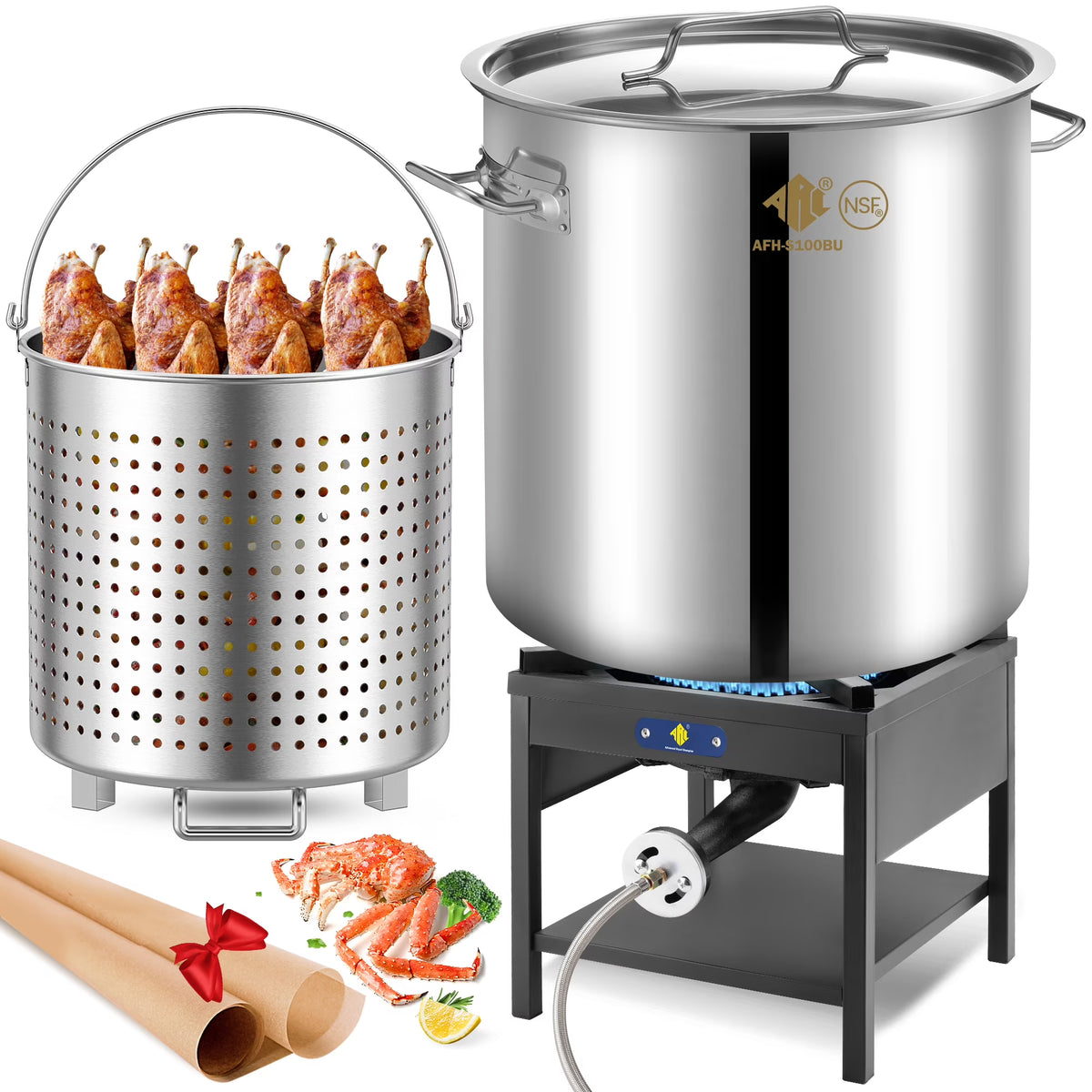 100QT Stainless Steel Seafood Boiling Kit, 200,000BTU Propane Stove for Outdoors Cooking, Large Stock pot w/Basket for Shrimp, Lobster, Crab Crawfish, Turkey Deep Fryer, Seafood Boil Pot