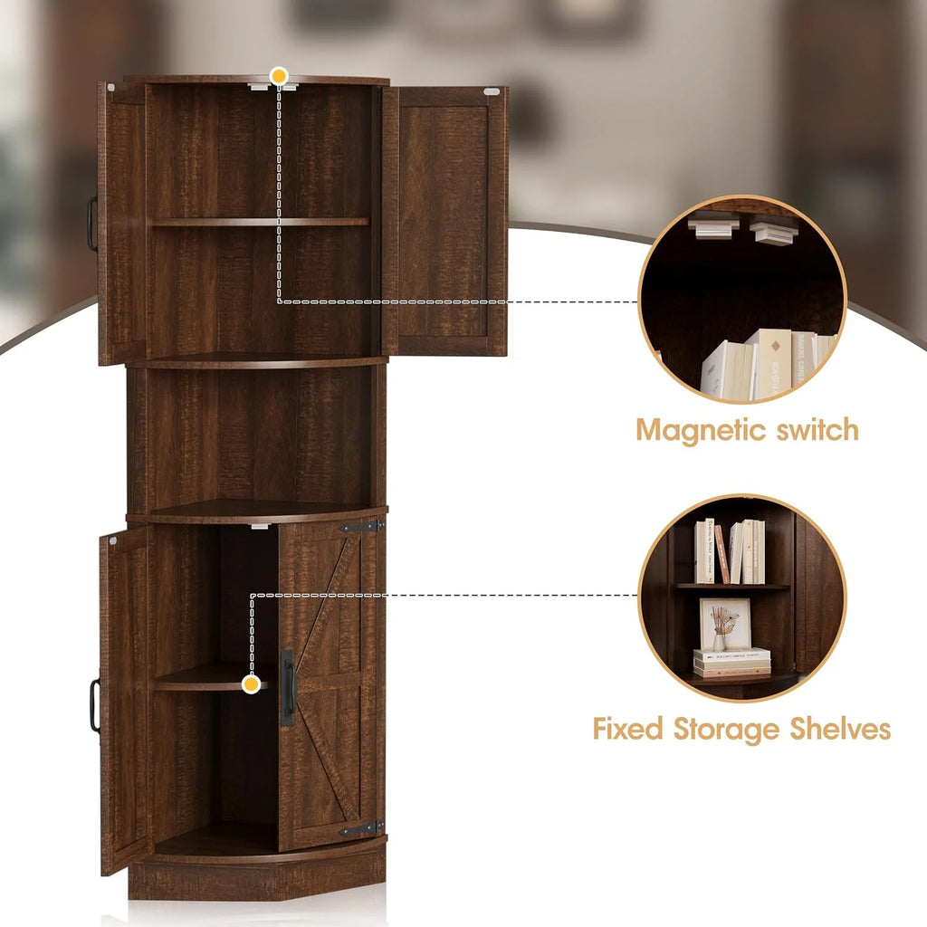 Vabches Farmhouse 64.8'' Tall Corner Cabinet with 4 Doors and 5 Storage Shelves for Kitchen, Living Room, White