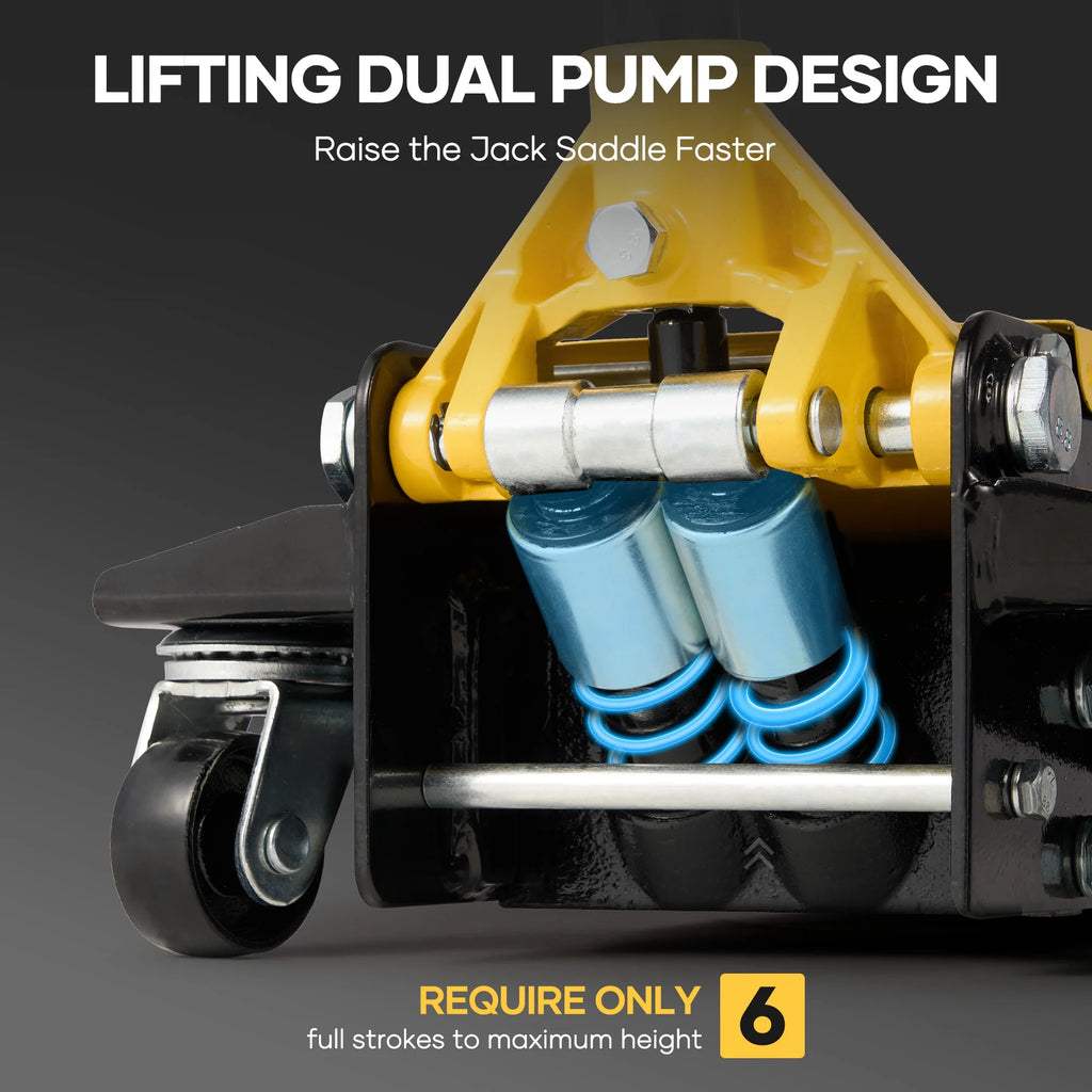 Naipo 3 Ton Low Profile Floor Jack, Dual Piston Hydraulic Pump, Heavy Duty All Steel Construction, Lifting Range 2.8"-19.7", Use for Car, SUV, Mini RV, Light Truck, Yellow