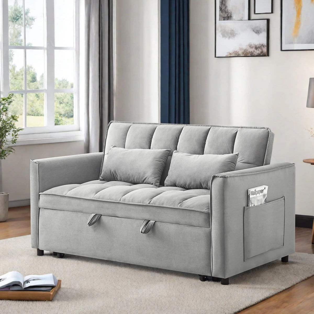 Convertible Sofa Bed,3-in-1 Sleeper Sofa with Pull Out Bed,Sleeper Futon Couch Loveseat with Adjsutable Backrest and Pillows for Living Room,Gray