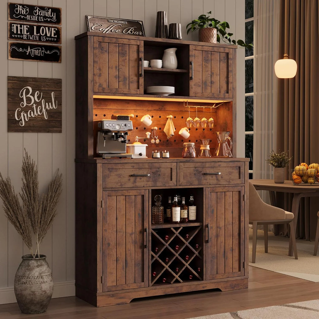 LAFGUR 72" Kitchen Storage Cabinet with Power Outlet & LED Light, Coffee Bar Cabinet with Drawers & Wine Glass Rack,Sideboard for Home,White