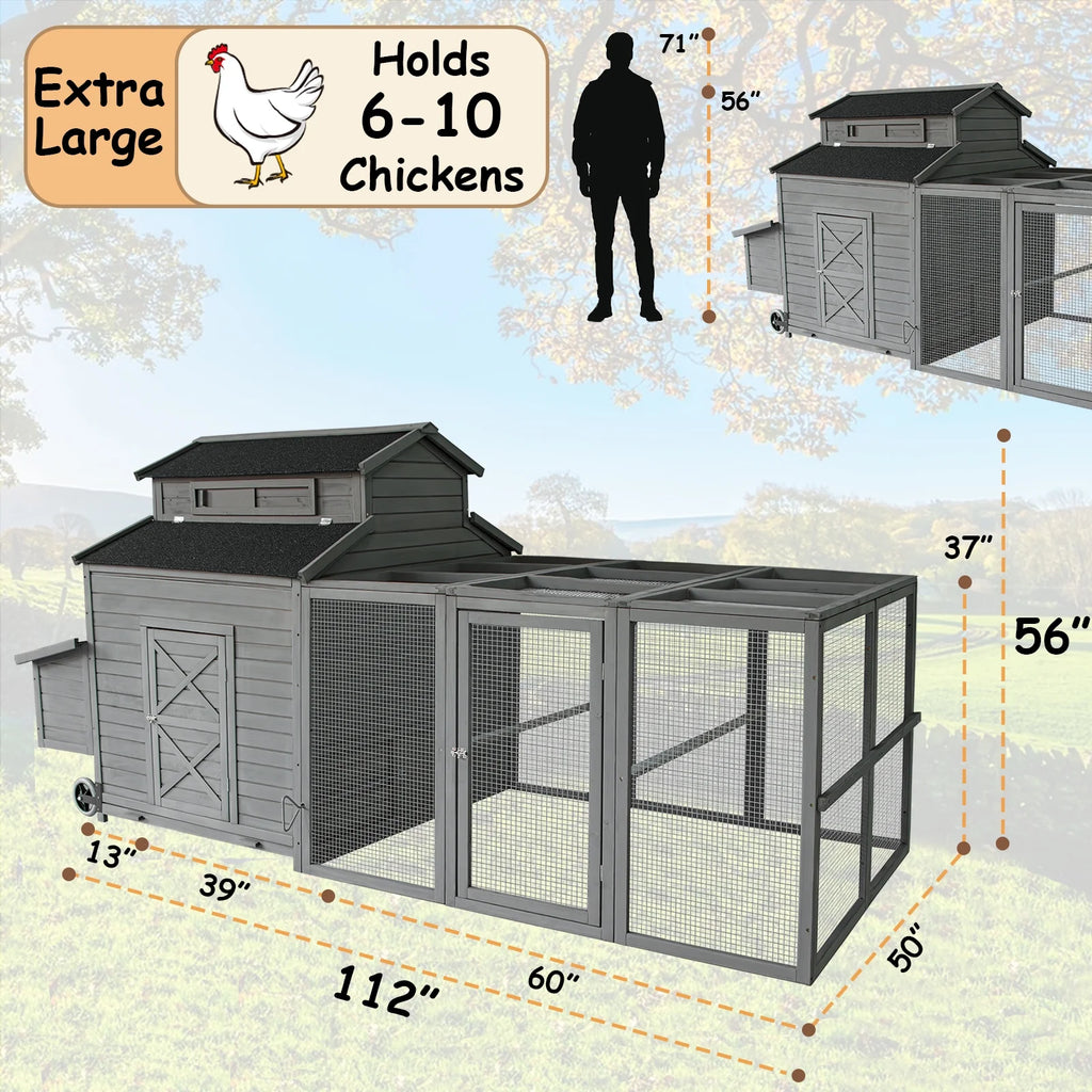 Chicken Coop for 6-10 Chickens, 112" Extal Large Chicken Coops, with Chicken Run & Nesting Box & Secure Enclosure, Outdoor Wooden Hen House Hutch for Rabbit, Poultry Pet, Duck