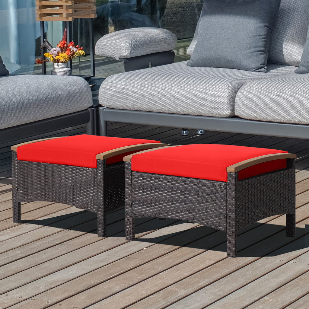 Costway Set of 2 Patio Rattan Ottoman Footrest Cushions Wooden Handle Beige