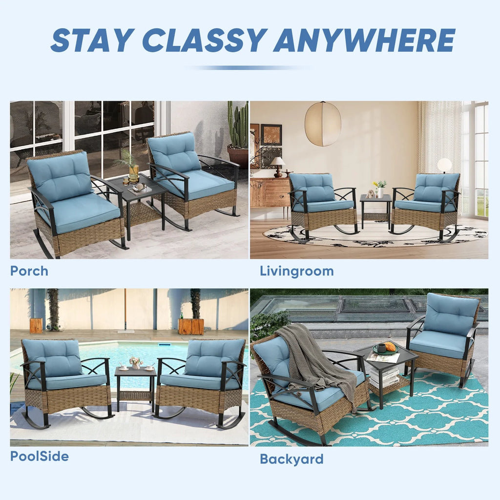 3 Pieces Patio Outdoor Conversation Set, Patio Furniture Bistro Set with 2-Tier Coffee Table, PE Wicker Rocking Chairs with Blue Cushions for for Backyard Porch Poolside