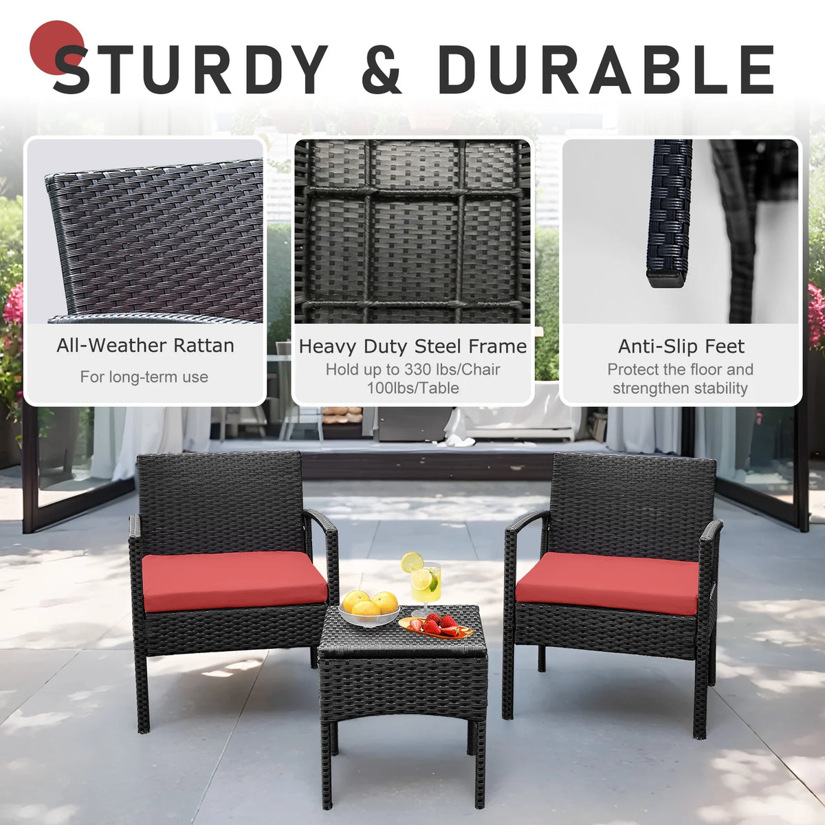 Tappio Outdoor Furniture 3 Piece Patio Bistro Furniture Set, Rattan Conversation Chairs Set with Side Table and Cushions, Patio Furniture Sets for Balcony Garden Porch, Red