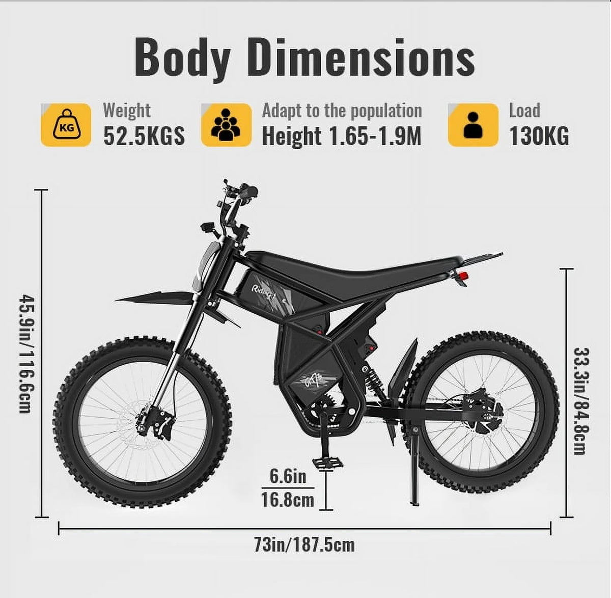 2000W Electric Dirt Bike for Adults Ridingtimes GT73 UL2849,Brushless Hub Motor,18.2AH*2 Electric Bike with 25\" tires digital screen Carbon Steel,Black