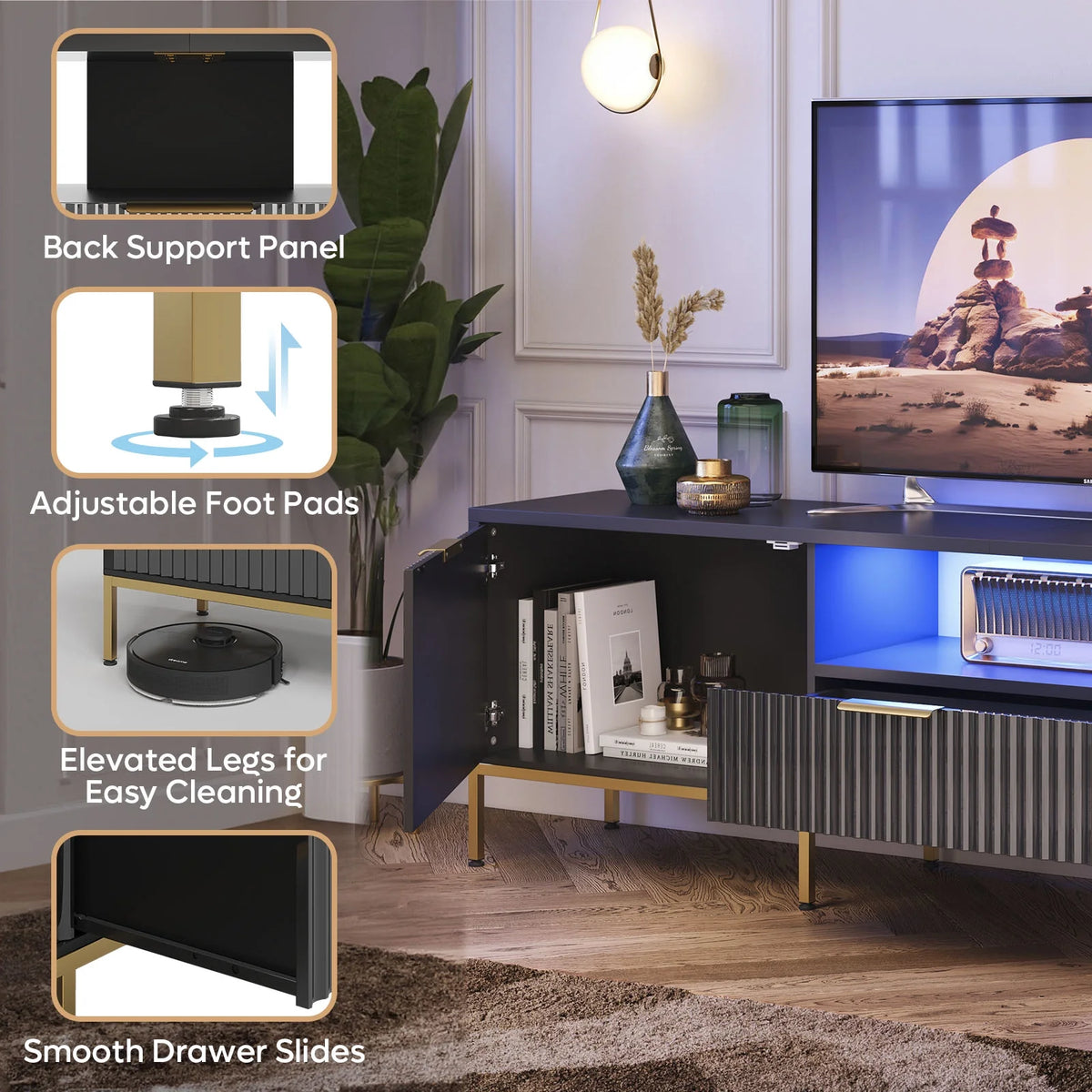 Bestier 55" LED TV Stand for TVs up to 60" Modern High Gloss Entertainment Center with Drawers Cabinets Fluted TV Console, White & Gold