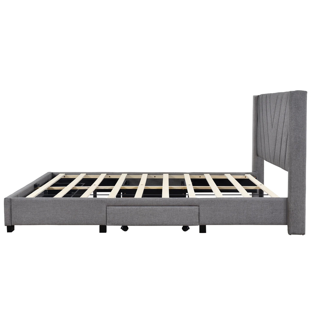 Sesslife Queen Bed Frame with Storage, New Upgraded Linen Upholstered Platform Bed with 3 Drawers, Queen Size Storage Bed with Headboard and Wooden Slats, No Box Spring Needed, Holds 500lbs, Beige