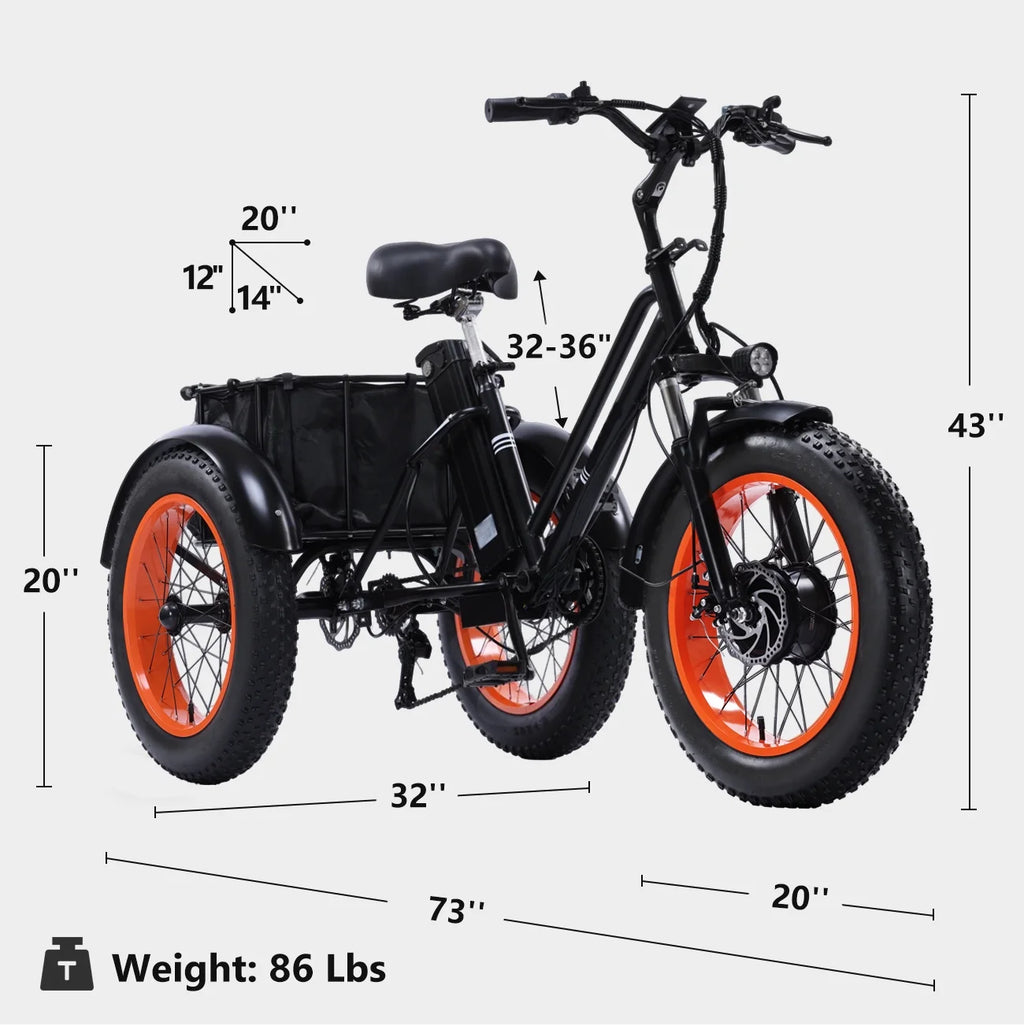 YEBEI Electric Tricycle for Adults Folding E-Trike Motorized Tricycle Electric 3 Wheels Trike Powerful 500W Motor Electric Tricycle 48V15AH Lithium Battery Max 20MPH 20*4.0�� Fat Tire Orange
