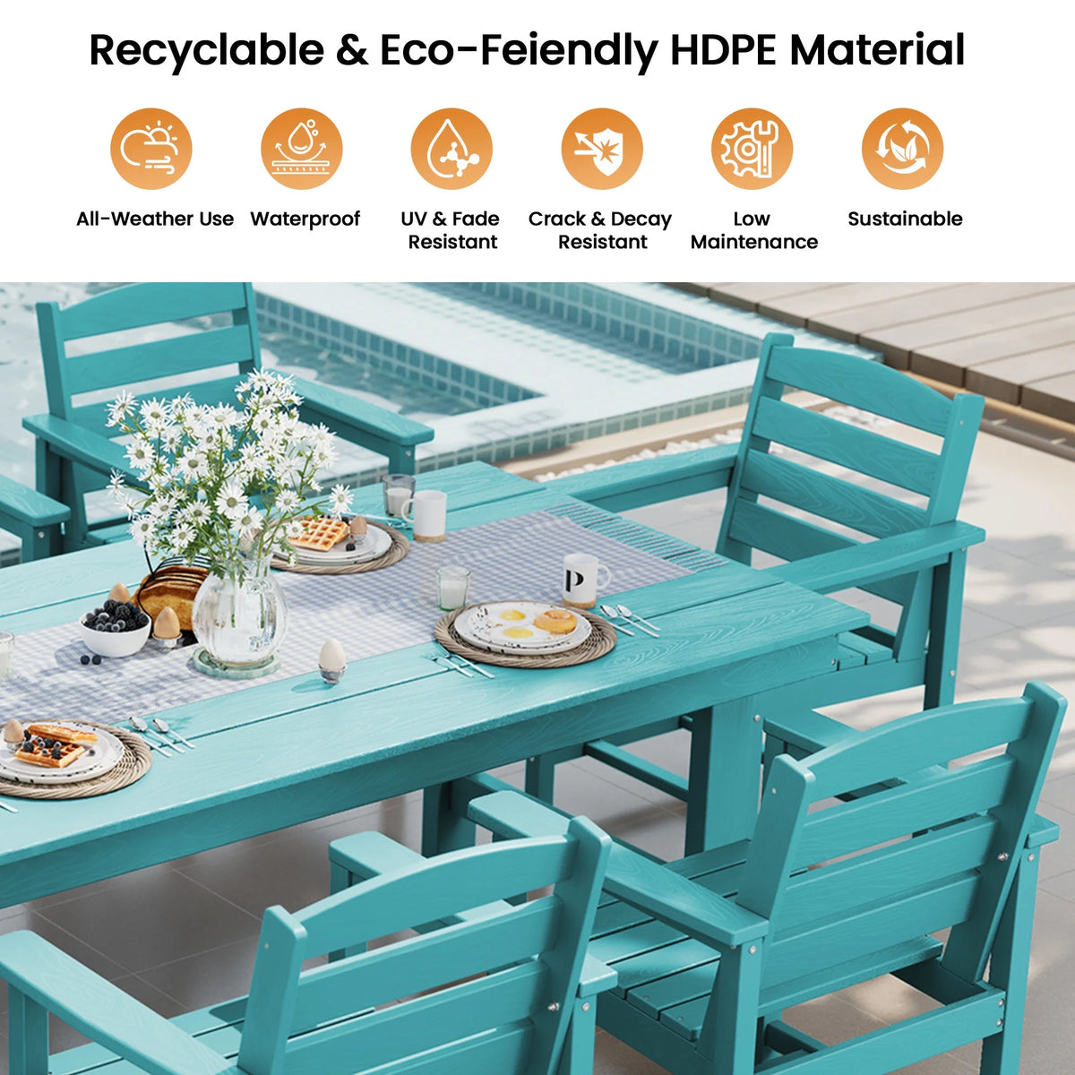 KINGYES 7-Piece Outdoor Dining Set, HDPE Patio Table and Chairs with Umbrella Hole, Gray