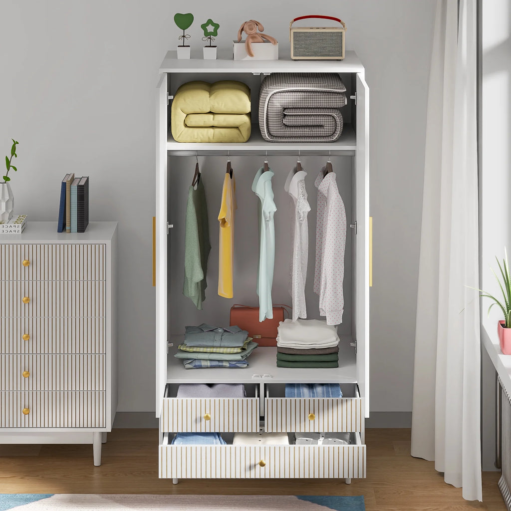 Oubayajia Wardrobe Armoire Closet, 2 Fluted Doors Wardrobe Cabinet with 3-Drawer and Hanging Rod, Wood Wardrobe Storage for Bedroom