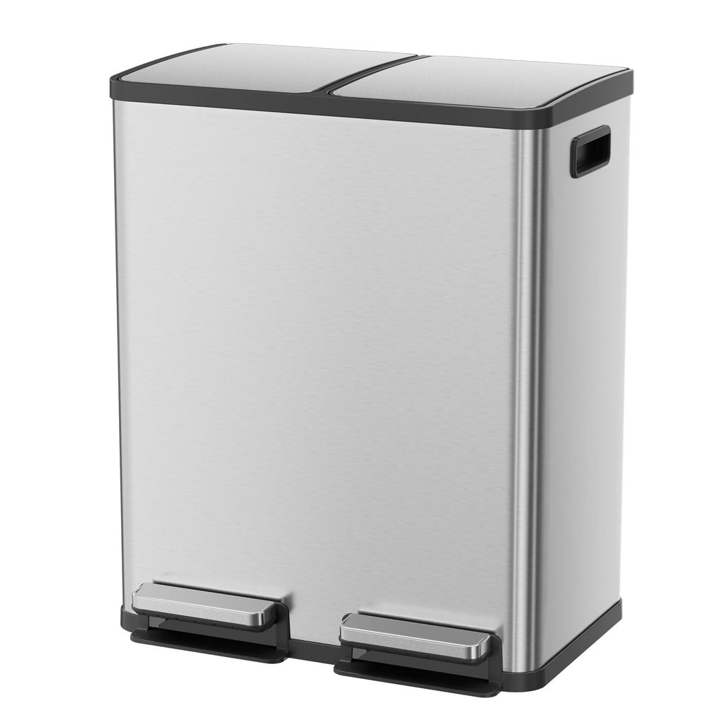 EDX 2 x 8.3 Gallon Dual Garbage Recycle Trash Can with Lid, Inner Buckets for Kitchen, Stainless Steel, Sliver