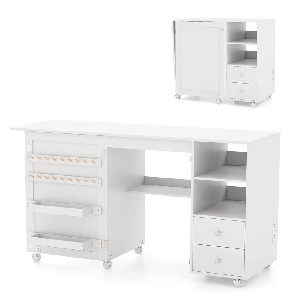 Costway Folding Sewing Table Charging Station Multifunctional Sewing Machine Cart Table