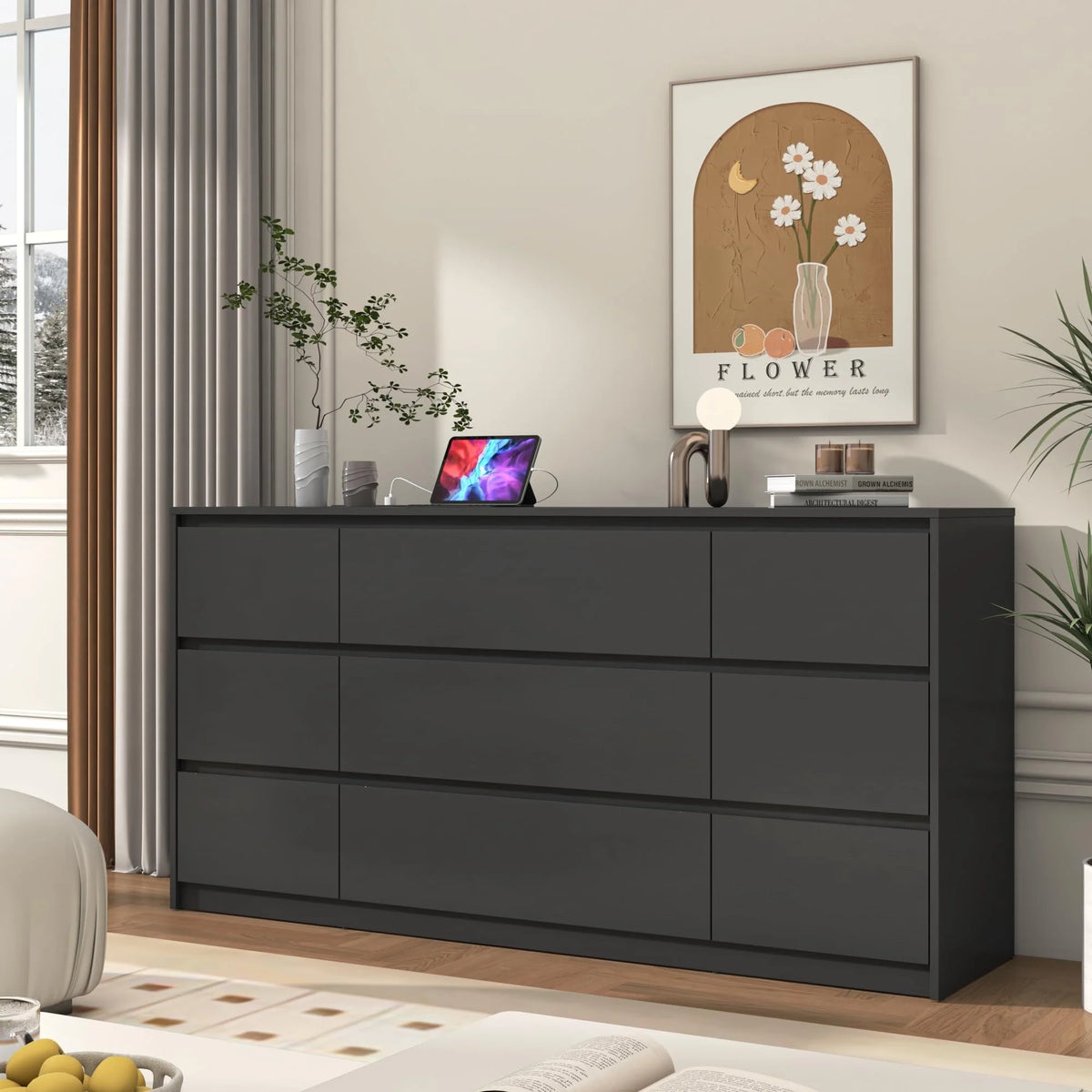ChVans Black 9 Drawers Dresser with Charging Station, 63" Long Modern Dresser with 9 Drawers for Bedroom, Large Wood Chest of Drawers Handle Free, Dresser for Bedroom, Living Room, Hallway