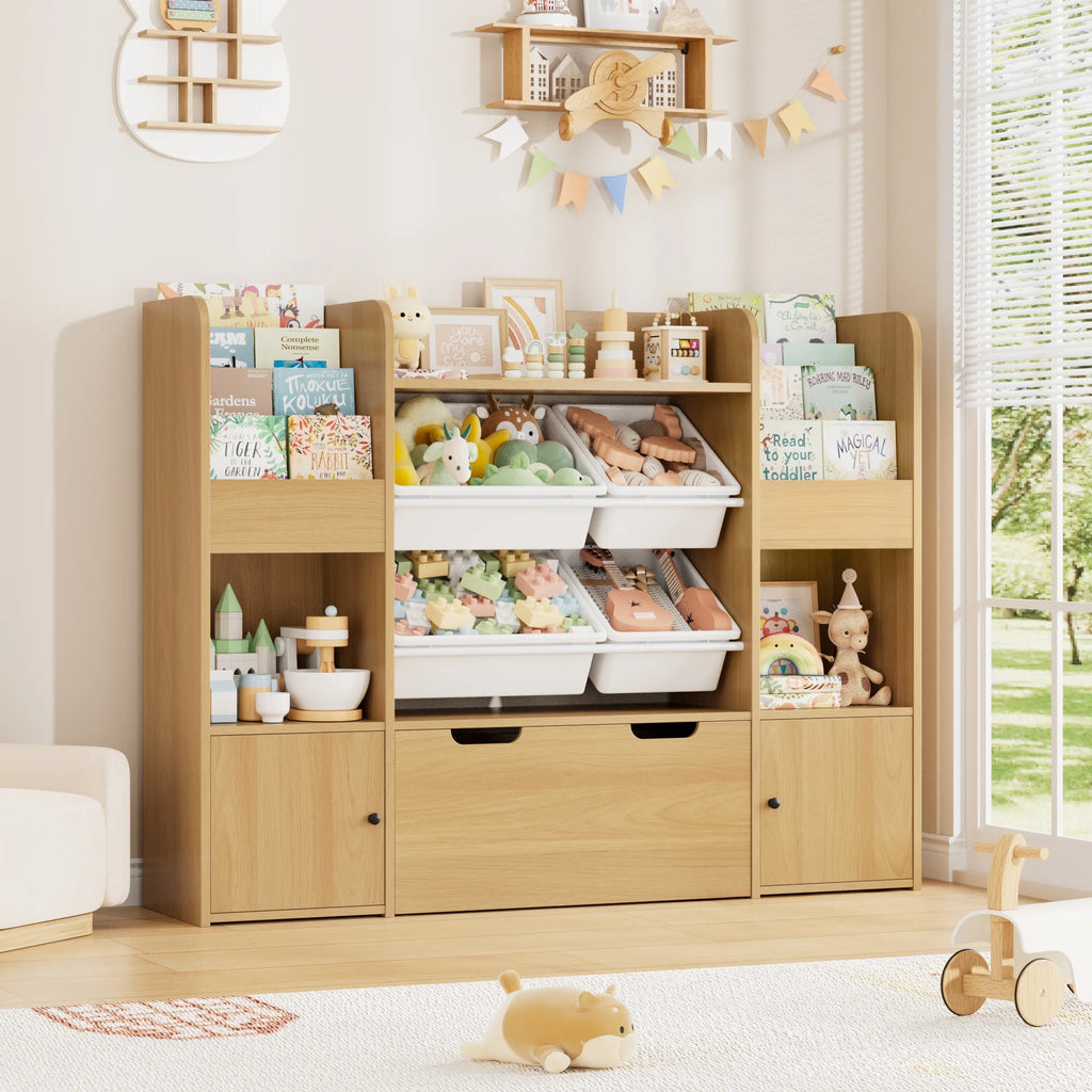 Hiphuta Kids Bookcase Toy Storage Organizer, Wooden Toy Organizer of 4 Bins& 2 Removable Drawers for Home Bedroom, Kids Bookshelf Toy Box with Book Rack, White