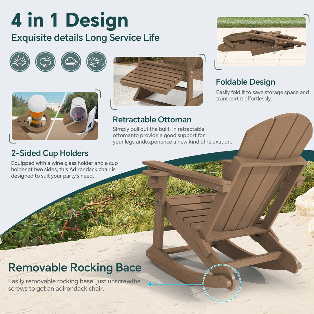 KINGYES Folding Adirondack Rocker Chair Set of 2 W/ Footrest & Dual Cup Holders, HDPE Outdoor Patio Rocking Chair, Black