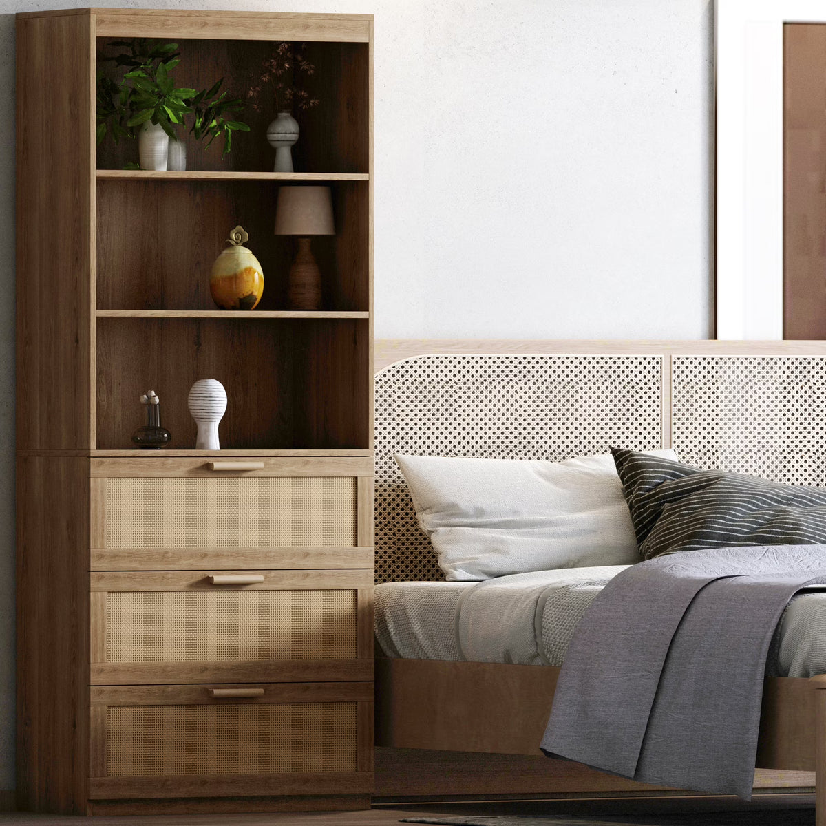 Zimtown Rattan 5-Shelf Bookcase with Drawer, 3 Tier Open Bookshelf with Storage Cabinet, Home Decor Furniture for Home Office, Living Room, Bedroom