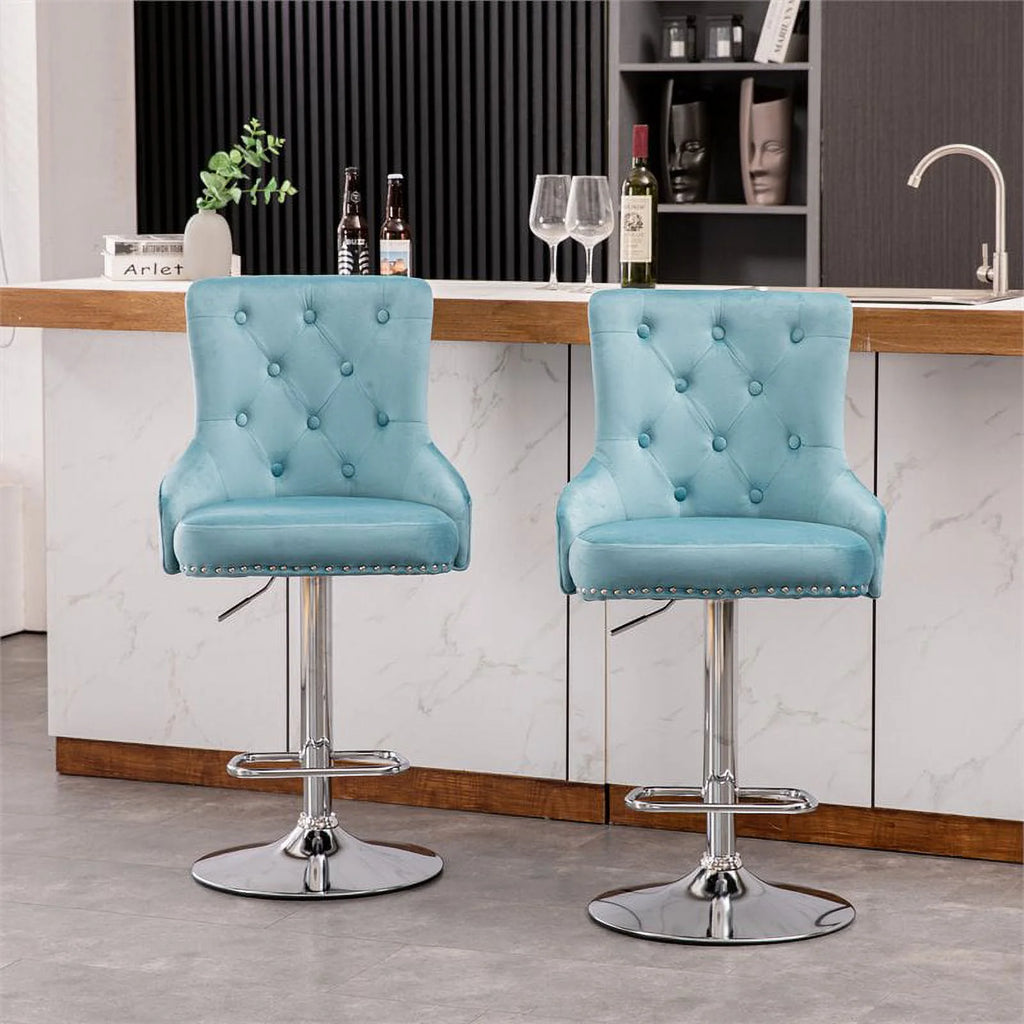 Alexent  2PCS Swivel Bar Stools, High Back, Button Tufted, Silver Footrest and Nailhead Trim Swivel Bar Chairs for Kitchen, Bar Velvet Upholstered Bar Stools, Dark Blue