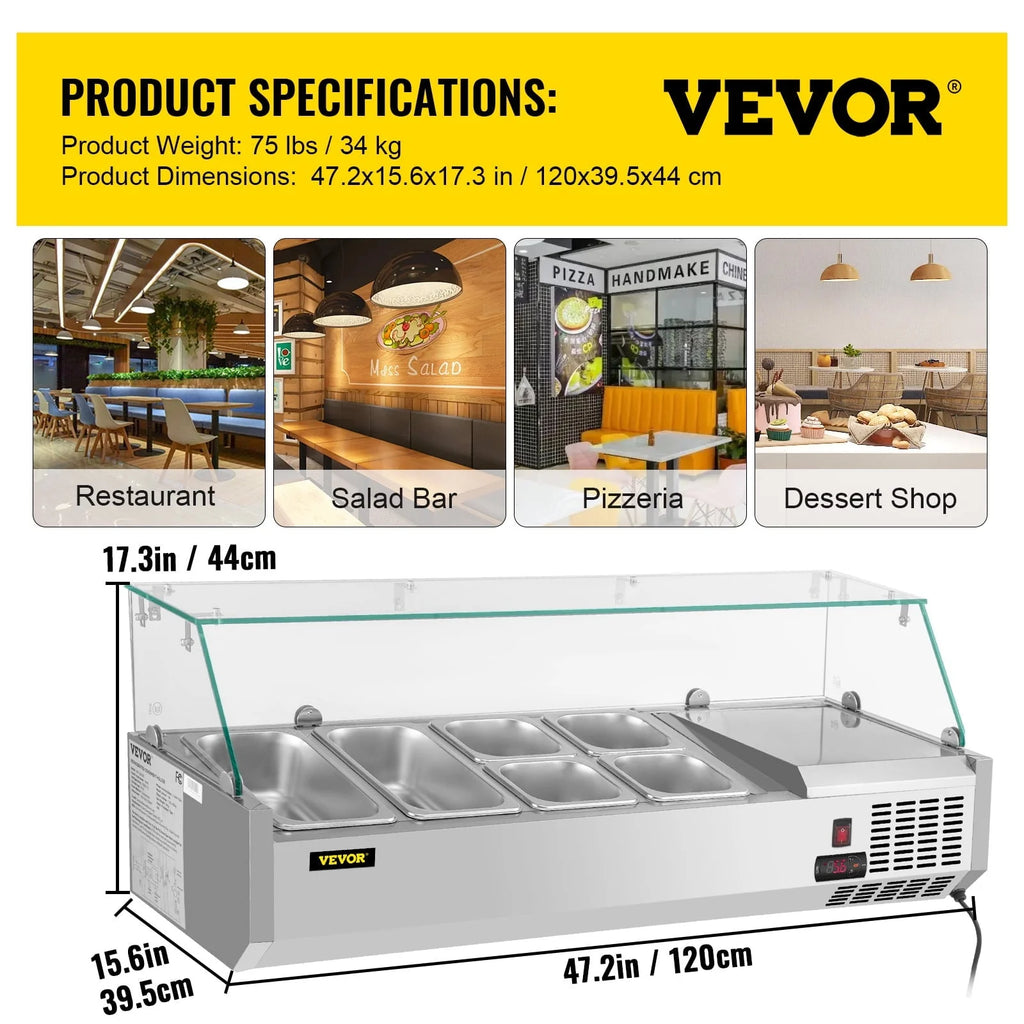 Refrigerated Condiment Prep Station, 48-inch, 10.8Qt Sandwich / Salad Prep Table w/ 3 1/3 Pans & 4 1/6 Pans, 146W Salad Bar w/ 304 Stainless Body Tempered Glass Shield Digital Panel Auto Defrost