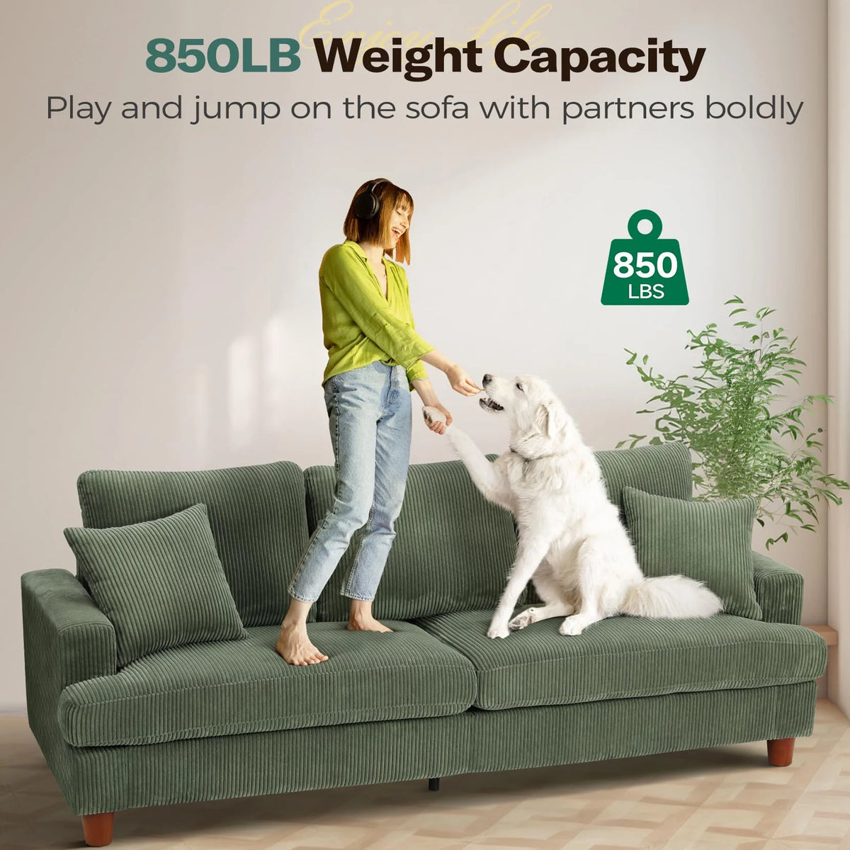 87" Corduroy Sofa,3 Seater Sofa with Extra Deep Seats,Neche Comfy Upholstered Couch for Living Room,2 Pillows,Green