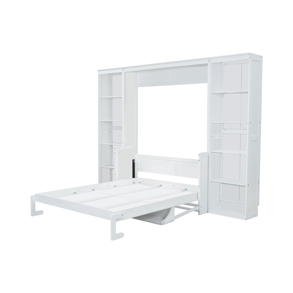 Euroco Wood Full Size Murphy Bed with Desk and Shelves, Space-Saving Wall Bed for Bedroom