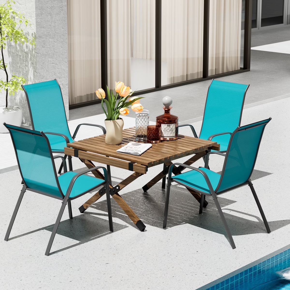 Pirecart Set of 4 Patio Dining Chairs, Textilene Outdoor Stacking Chairs for Poolside, Backyard, Garden