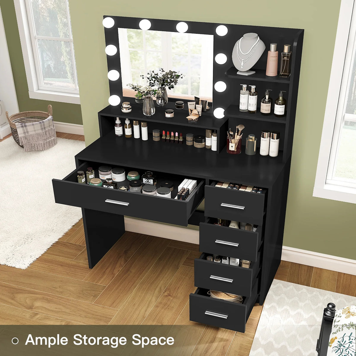 Makeup Vanity Desk with Mirror & Lights, Vanity Table with 5 Drawers & Storage Shelves, Makeup Vanity , 3 Color Modes & Adjustable Brightness Dressing Table, Bedroom, White