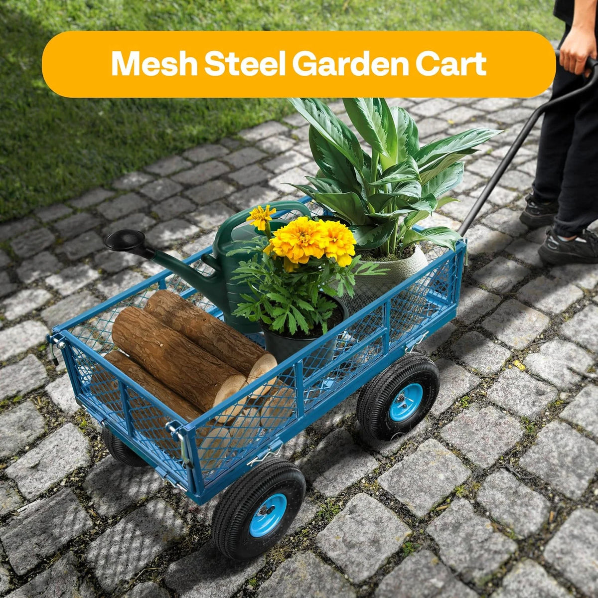SPECSTAR Mesh Steel Garden Cart 880 lbs Capacity, 38" x 21" Folding Utility Wagon with 10 Inch Wheels