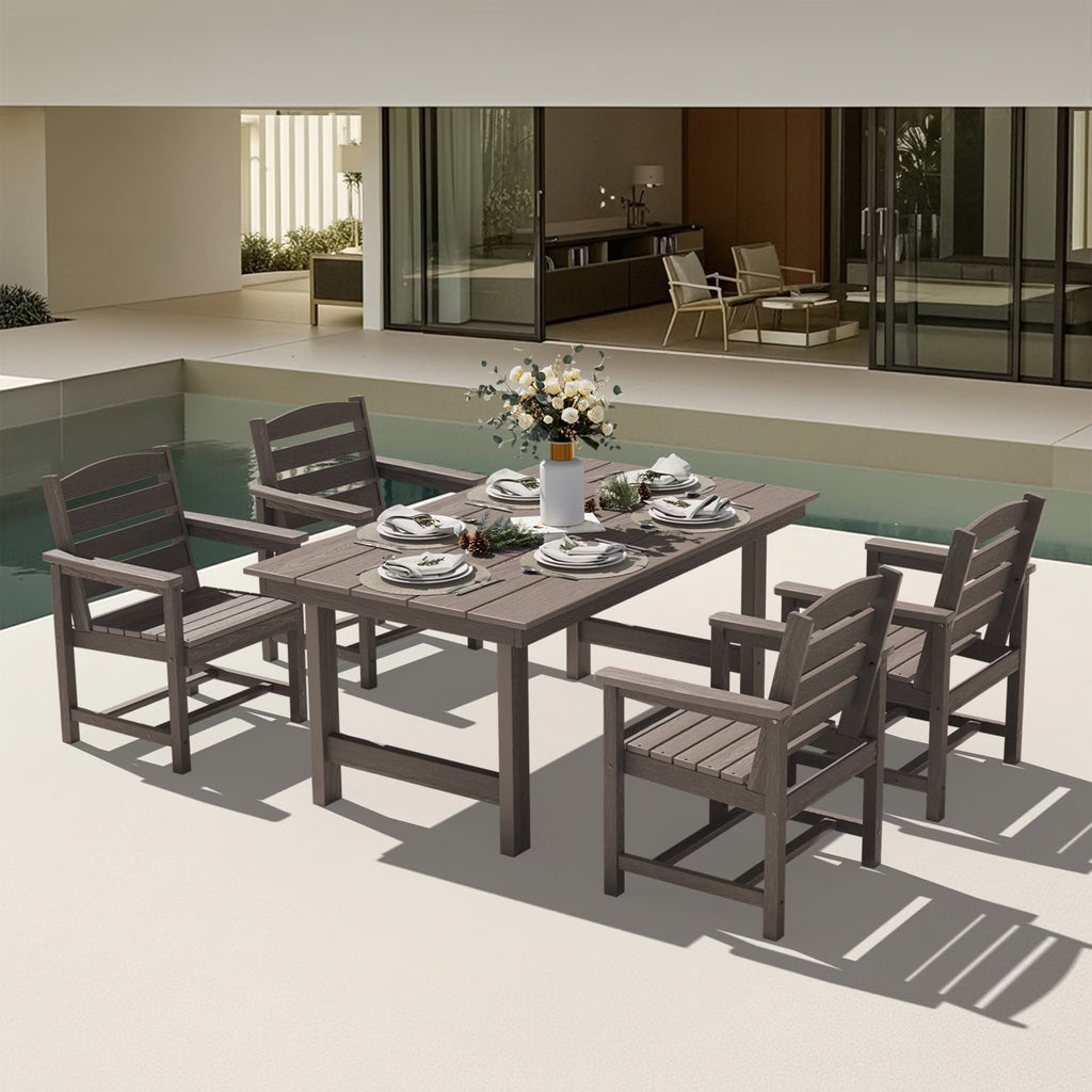 KINGYES 7-Piece Outdoor Dining Set, HDPE Patio Table and Chairs with Umbrella Hole, Gray