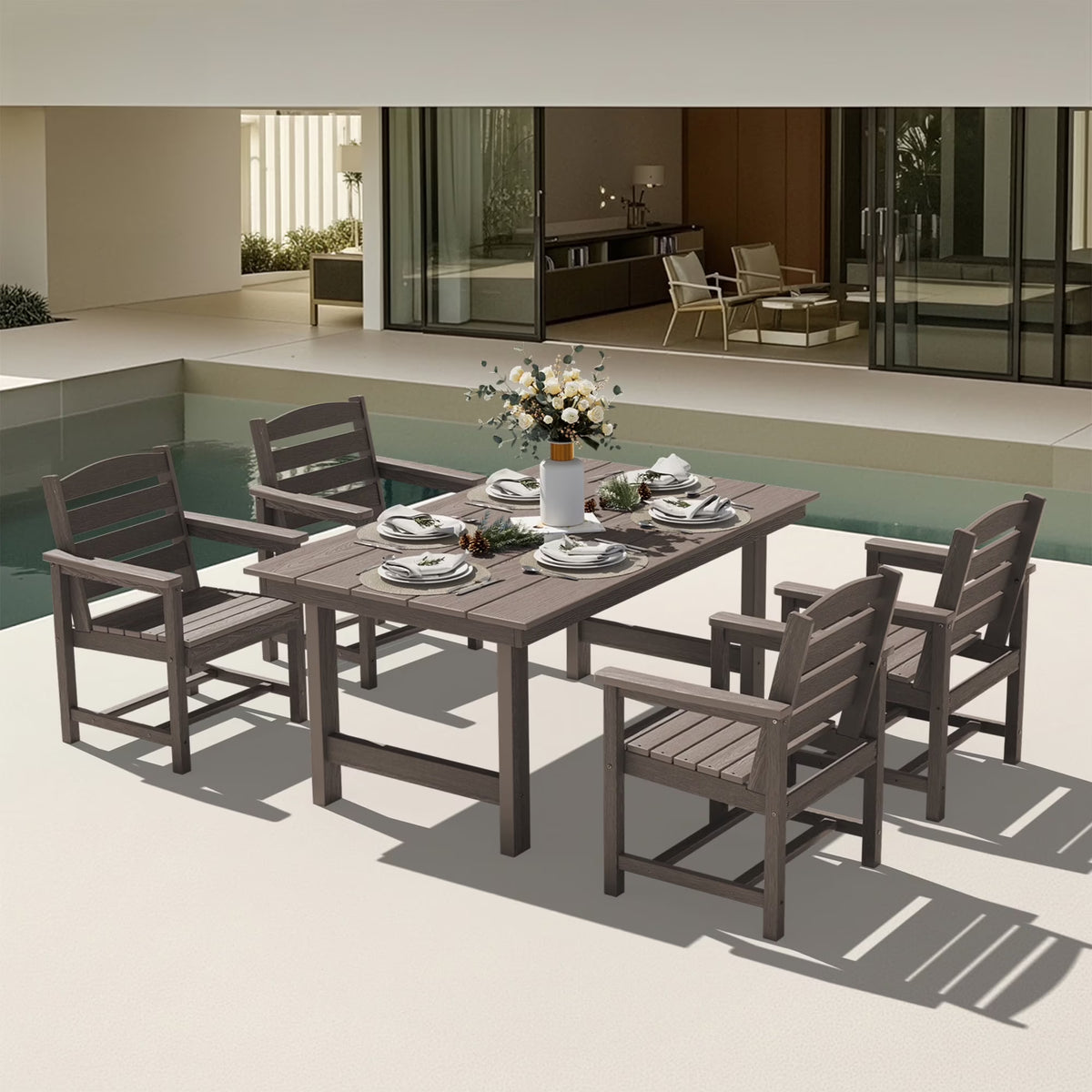 KINGYES 7-Piece Outdoor Dining Set, HDPE Patio Table and Chairs with Umbrella Hole, Gray