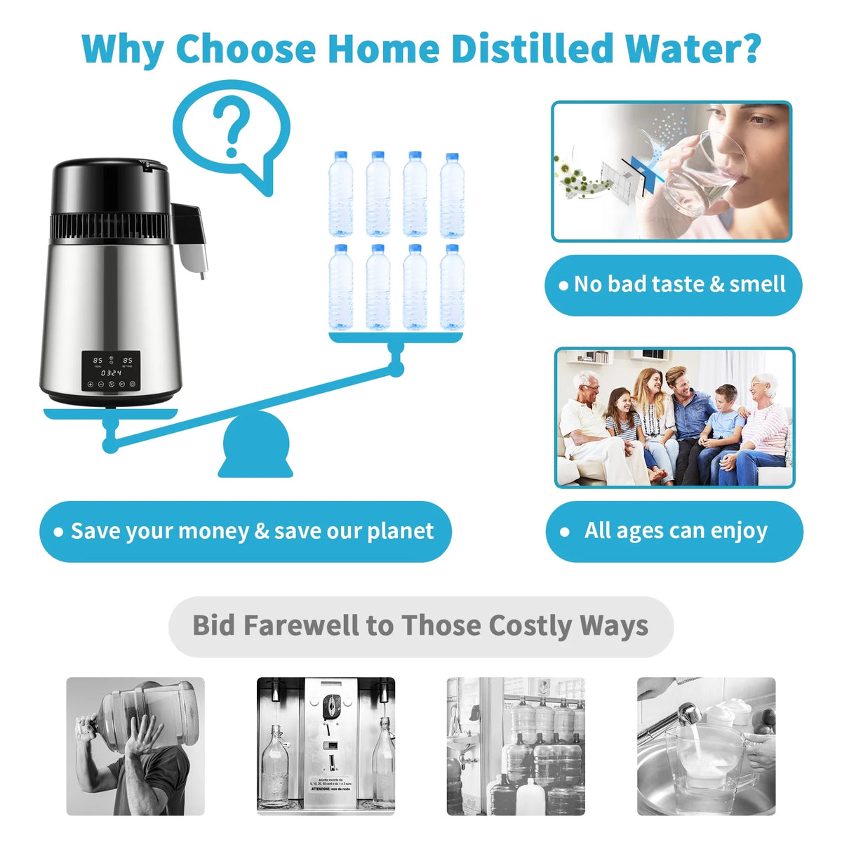 KFFKFF Water Distiller Distilled Water Maker Machine 4L/1.1Gal  0.3Gal/H Output, 750W Power, 0-99H Adjustable Timing