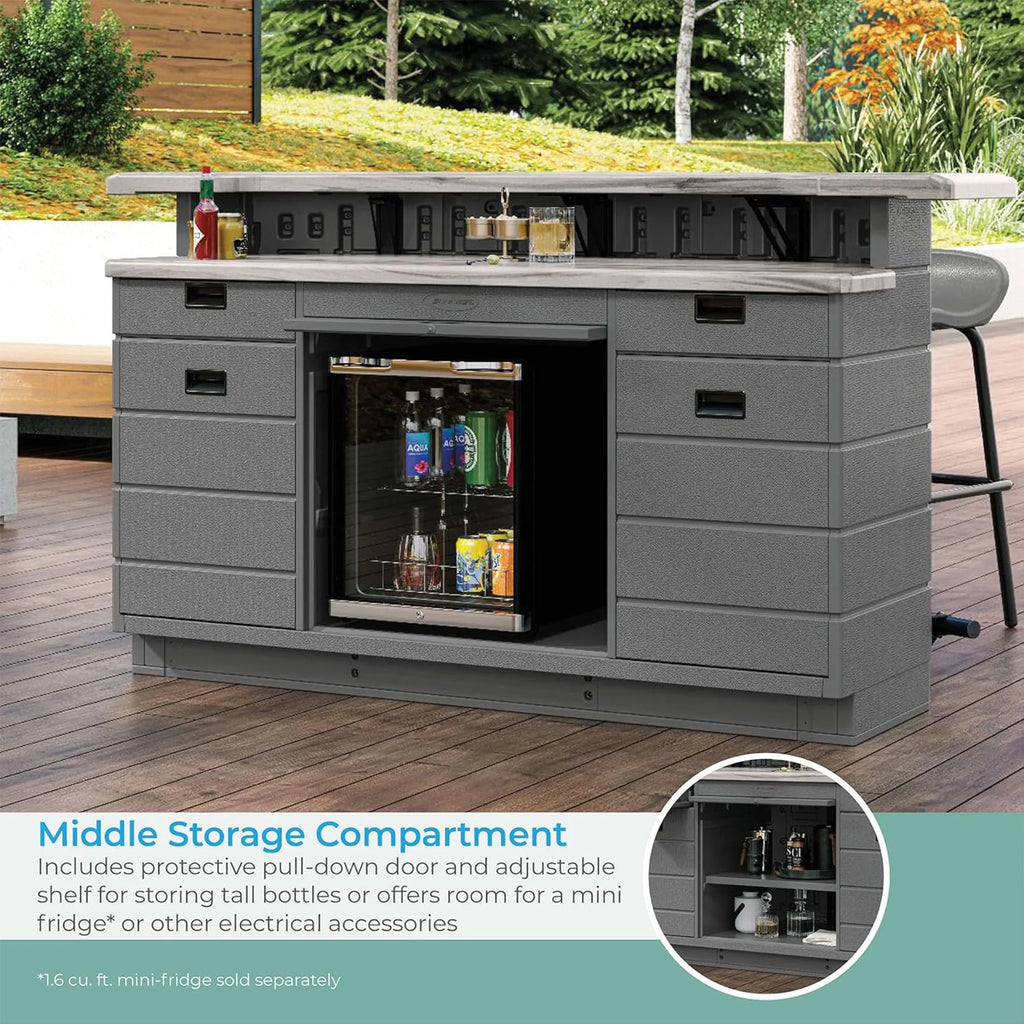 Suncast Backyard Oasis Entertainment Outdoor Bar with Pull-Out Drawers and Shelves, Marble