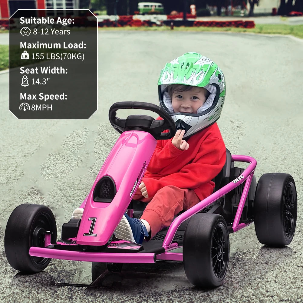 Kojooin Go Kart for Kids,24V Battery 300WX2 Motors Pedal On Foot Go Cart,8MPH High Speed Drifting Car with Slow Start Function,Rose red