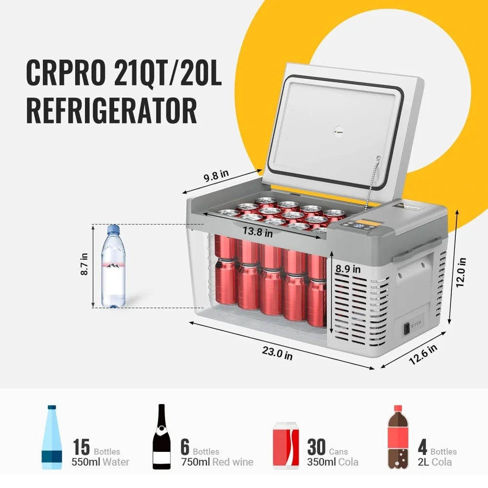 BougeRV Portable Car Refrigerator CRPRO 21 Qt, 12 Volt Fridge Compressor Freezer with -8�H~50�H Cooling Range, 12V/24 DC & 110-240 AC for RV Truck Vehicle Boat Outdoor & Home Use Black